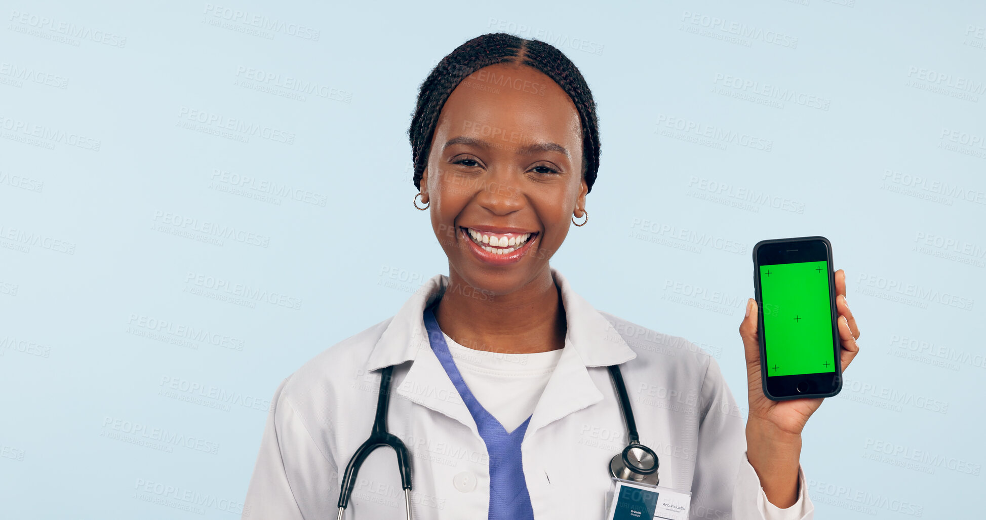 Buy stock photo Green screen, doctor and portrait of black woman with phone for telehealth, wellness app and medical news. Healthcare, mockup and face of person on smartphone for clinic website or contact in studio