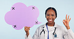 Happy black woman, doctor and OK sign with speech bubble for social media review against a studio background. Portrait of African female person, surgeon or nurse showing icon, okay or emoji on mockup