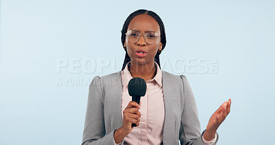Buy stock photo News reporter woman, microphone and studio portrait for speech, presentation or info by blue background. African journalist girl, mic and presenter with talk for update, global broadcast or tv show