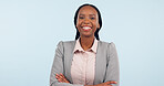 Happy black woman, portrait and business professional with arms crossed against a studio background. Face of African female person, employee or lawyer smile in confidence or career ambition on mockup