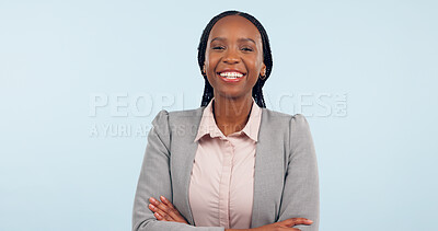 Buy stock photo Happy black woman, portrait and business professional with arms crossed against a studio background. Face of African female person, employee or lawyer smile in confidence or career ambition on mockup