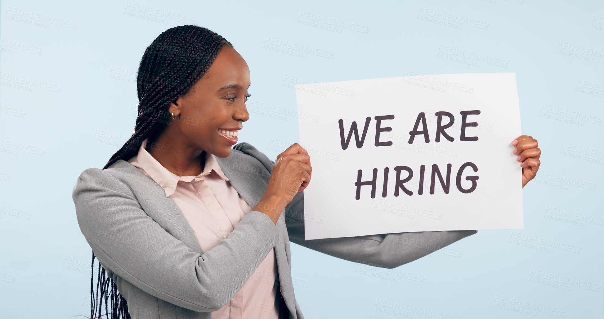 Buy stock photo Black woman with we are hiring poster, human resources and opportunity for job on blue background. Recruitment signage, work ads and onboarding for business with sign, offer and management in studio