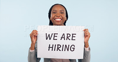 Buy stock photo Business woman, hiring poster and studio portrait with smile for recruitment, talent or search by blue background. Happy African manager, human resources and sign for offer, employee or opportunity