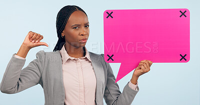 Buy stock photo Portrait, speech bubble and mockup with a business black woman pointing in studio on a gray background. Review, information or announcement and a young employee holding space with tracking markers