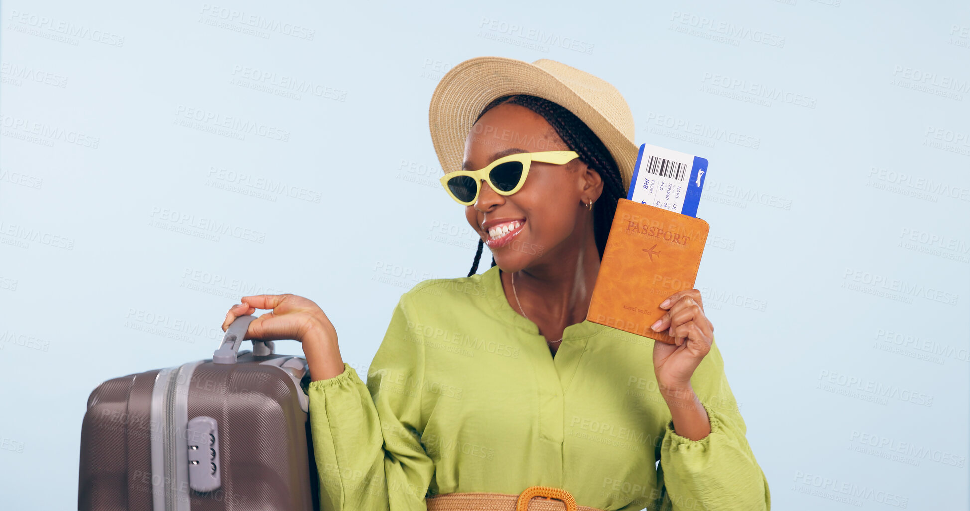Buy stock photo Happy African woman, passport and studio with suitcase, airplane ticket and documents by blue background. Girl, legal paperwork and luggage for compliance, vacation and sunglasses for global travel