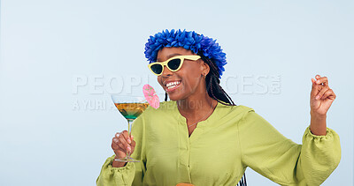 Buy stock photo Woman, dance and sing for vacation in studio for mockup for party on blue background. African person, sunglasses and flowers on head for fashion with drink, fun and energy for celebration in space