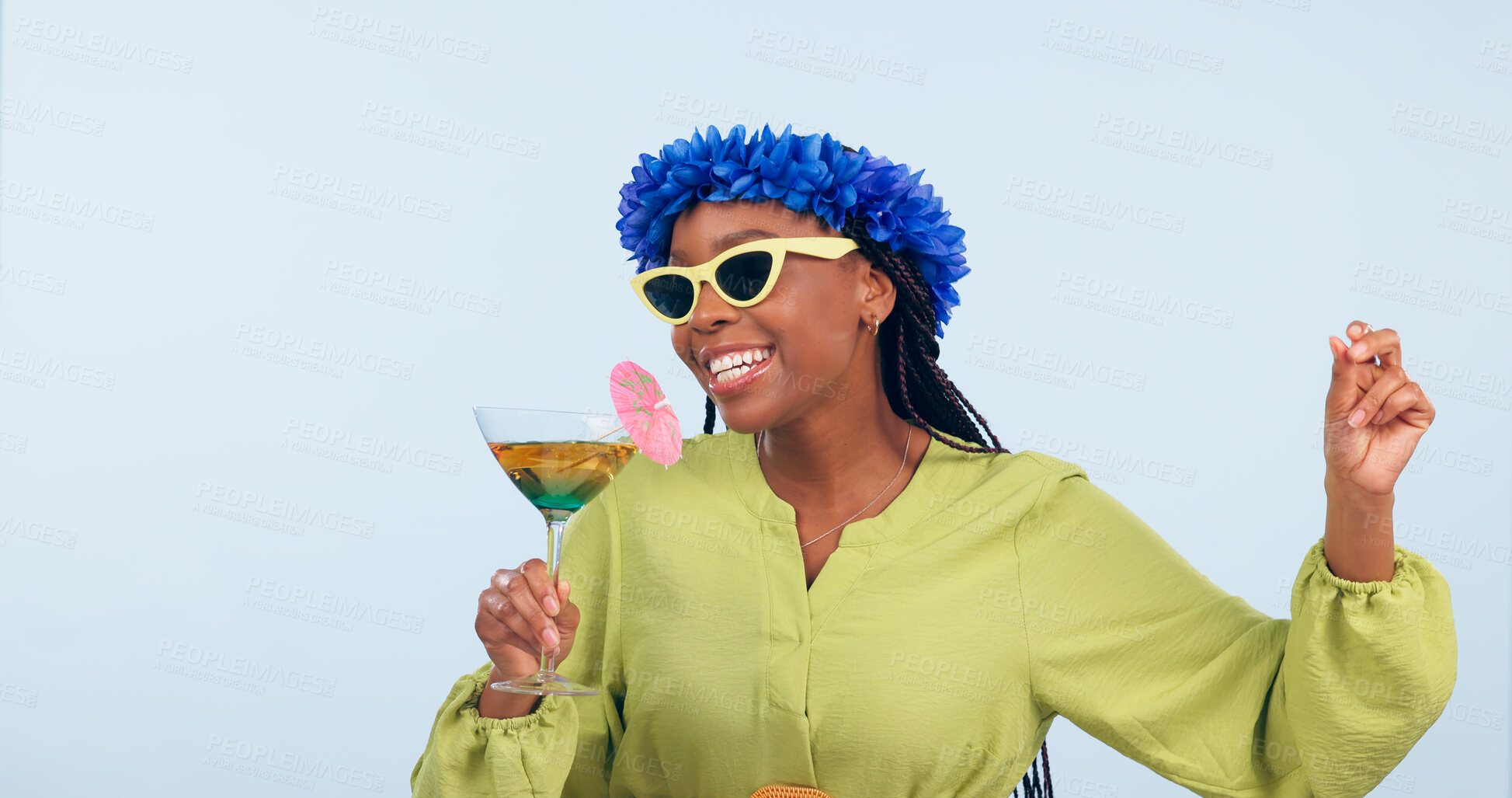 Buy stock photo Woman, dance and sing for vacation in studio for mockup for party on blue background. African person, sunglasses and flowers on head for fashion with drink, fun and energy for celebration in space