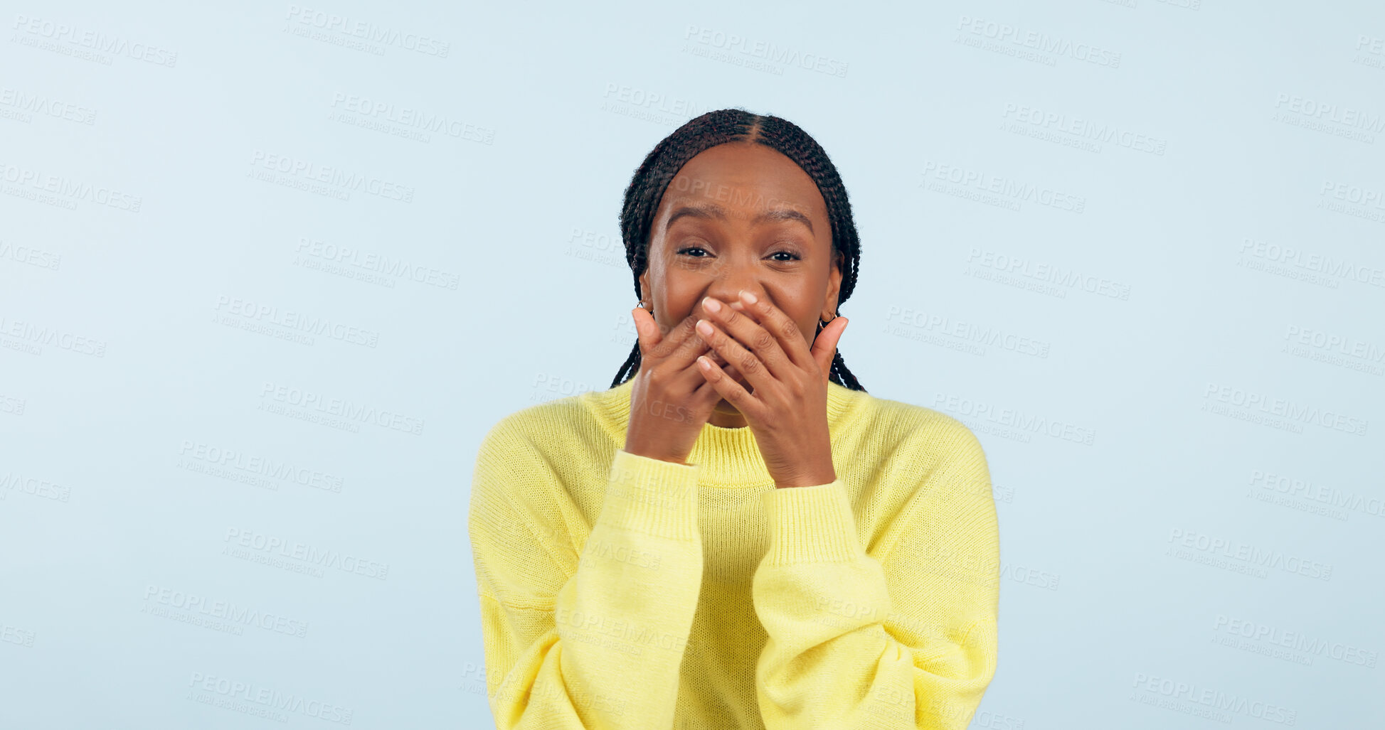 Buy stock photo Covering mouth, wow and portrait of a black woman with a secret, gossip or rumor on a blue background. Shock, happiness and excited African girl with expression of surprise, amazed and good news