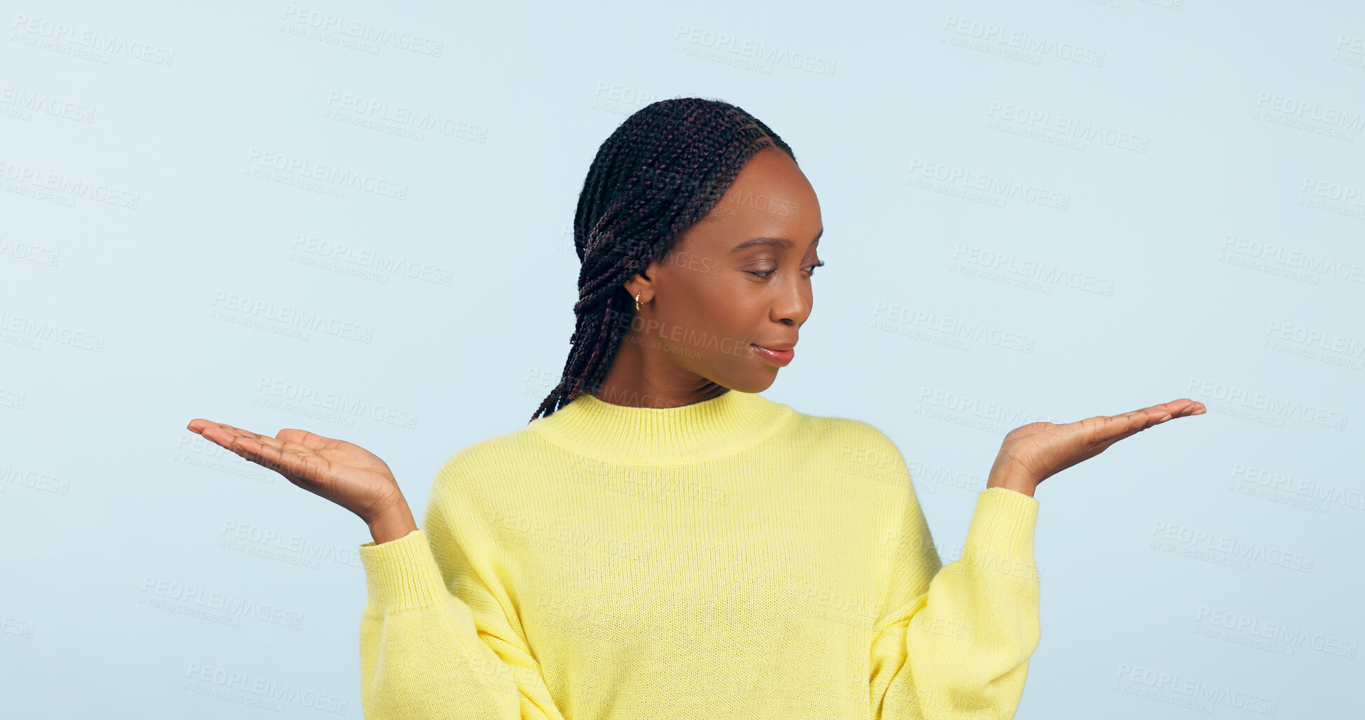 Buy stock photo Black woman, palm and advertising in choice, decision or marketing against a studio background. African female person with hands out for selection, information or showing services on mockup space