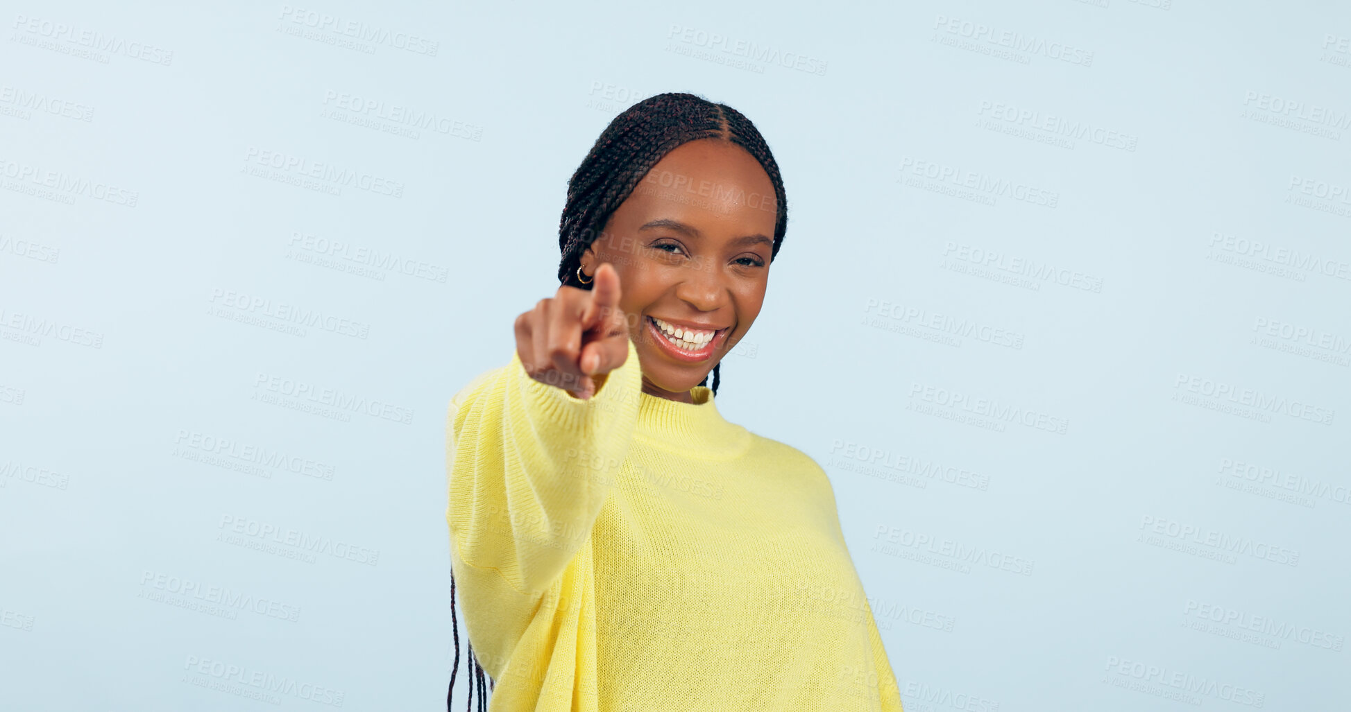 Buy stock photo Pointing to you, motivation and black woman with opportunity, choice and announcement on a blue studio background. African person, model or girl with hand gesture, mockup space and feedback with news