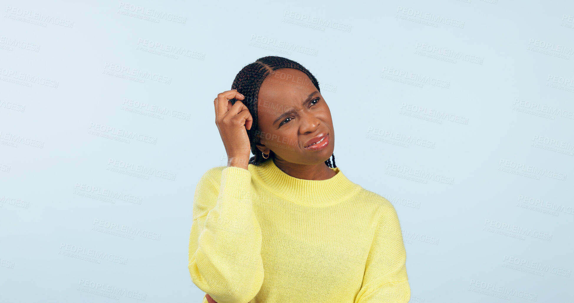 Buy stock photo Confused woman, scratch head and thinking in studio of questions, solution and dont know why on blue background. Curious african model with doubt of decision, forgot memory and problem solving ideas 