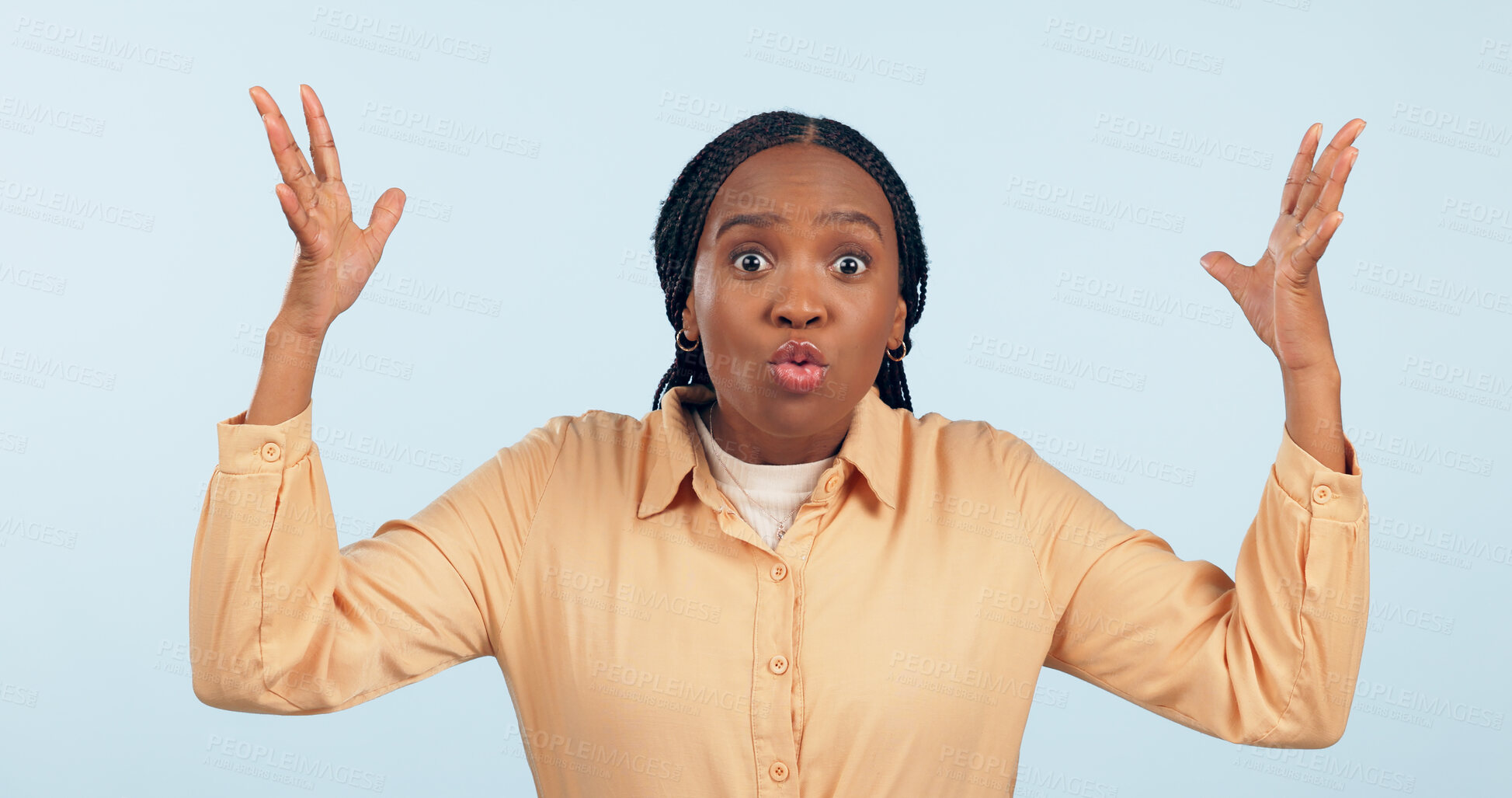 Buy stock photo Woman, shocked and hands up with question in studio for mockup of announce, wtf and alarm on blue background. Female model, expression and portrait for news, why and surprise on face with gesture