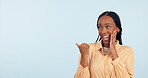 Woman, point and secret in studio with space for mockup, thinking and review by blue background. African girl, news or story with presentation, promotion and announcement with gossip, info or offer