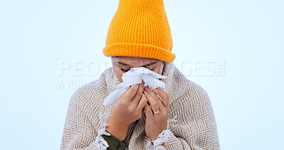 Buy stock photo Sick, virus and woman with tissue in studio, background and mockup for flu, healthcare and blowing nose. Bacteria, sinus infection and person care for wellness, medical illness or hayfever allergies 