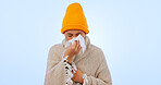 Sinusitis, virus and sick woman with tissue in studio, background and blowing nose with flu or healthcare. Bacteria, sinus infection or person care for wellness, illness and hayfever allergies 