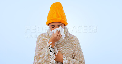 Buy stock photo Sinusitis, virus and sick woman with tissue in studio, background and blowing nose with flu or healthcare. Bacteria, sinus infection or person care for wellness, illness and hayfever allergies 