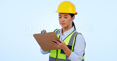 Buy stock photo Woman engineer, inspector and checklist for construction, project management and studio by blue background. Asian female, architecture and development or real estate, plan and safety gear in mockup