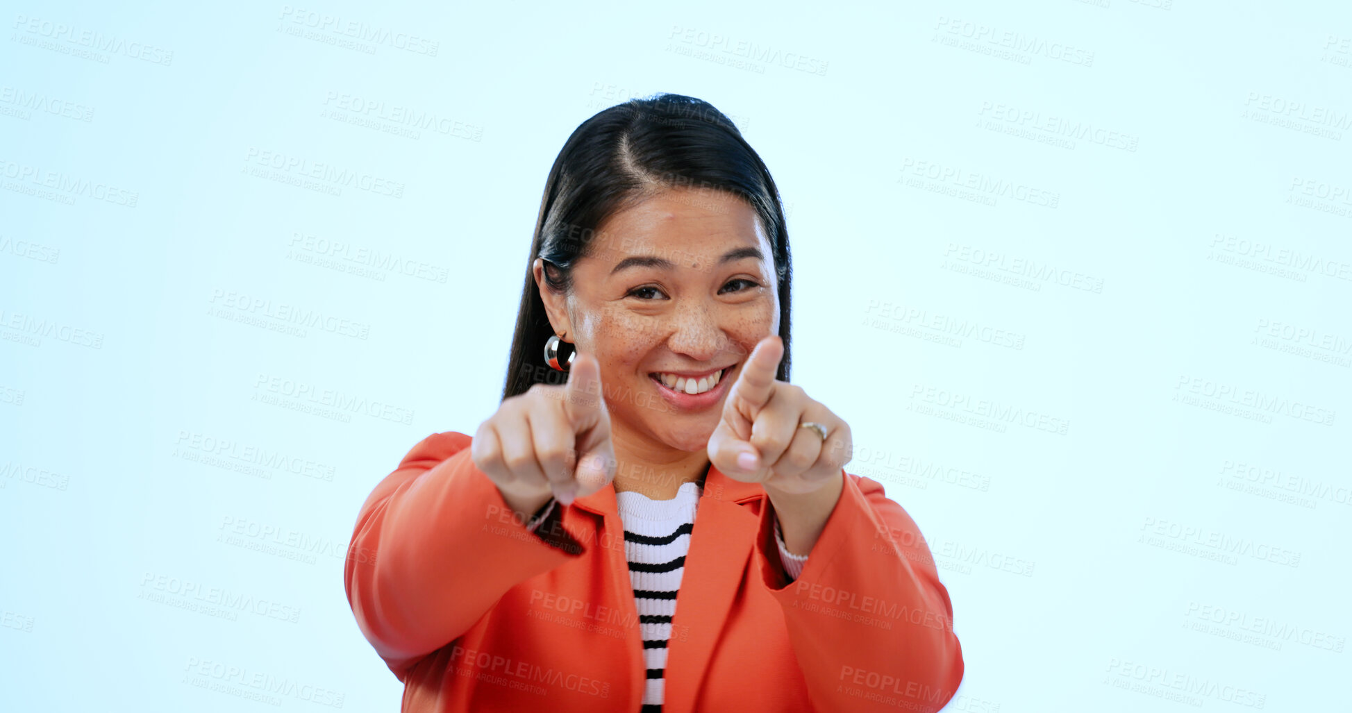 Buy stock photo Portrait, business woman and pointing to you for choice, decision and vote for volunteer in studio on blue background. Happy asian worker, finger and invitation for offer, recruitment or hiring emoji