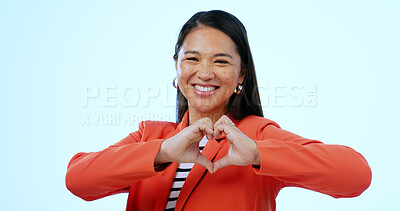 Buy stock photo Smile, portrait and a woman with heart hands on a blue background for love, support or care. Happy, corporate and a female employee with a gesture to show romance, trust or hope on a studio backdrop