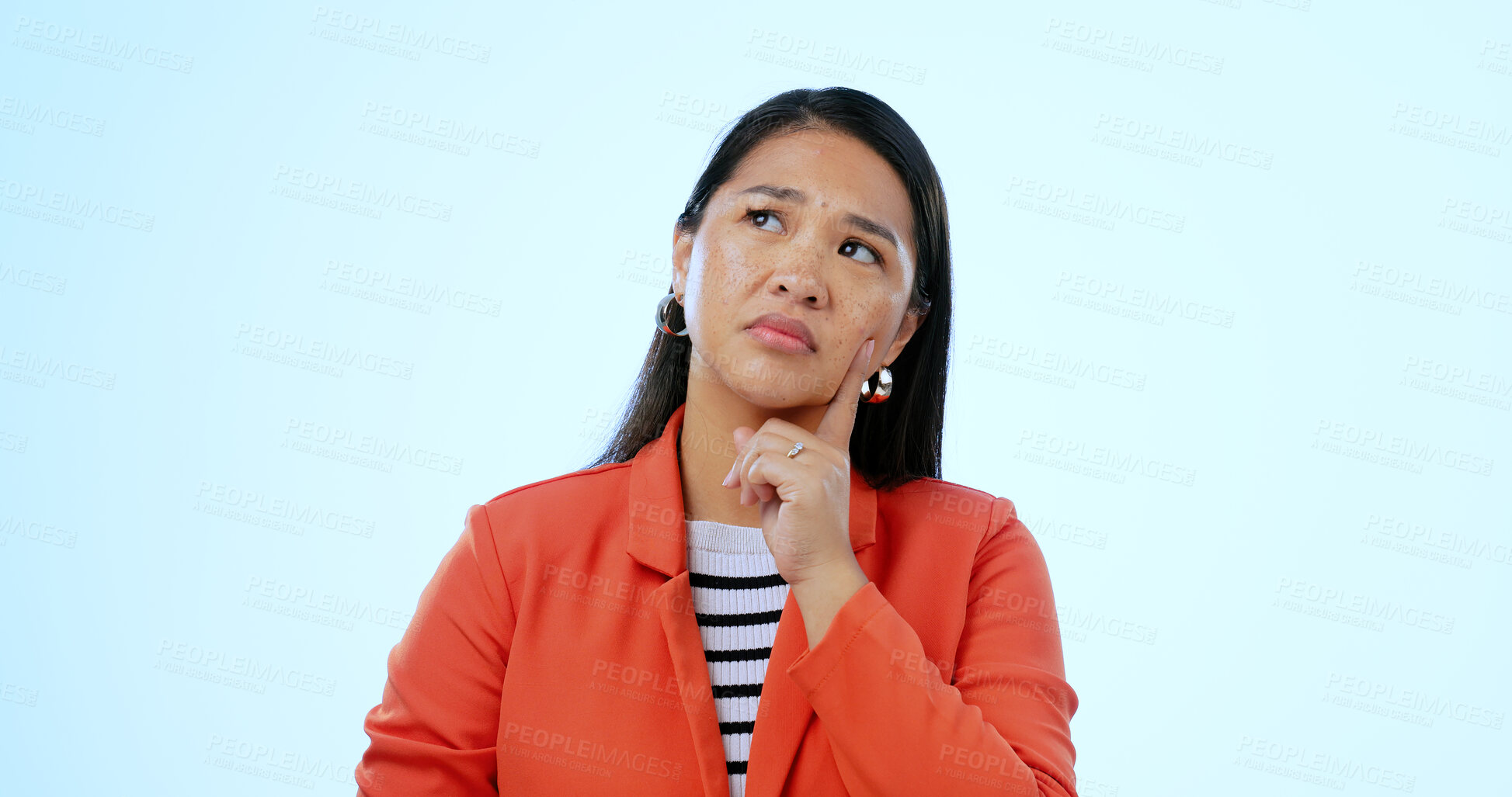 Buy stock photo Asian woman, thinking and question for idea, plan and concept with problem, unsure and isolated on studio background. Decision, confused and mockup space with choice, wondering and concentration
