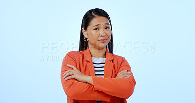 Buy stock photo Asian business woman, arms crossed and studio with attitude in portrait for career by blue background. Japanese entrepreneur, confident face and professional with pride, startup and corporate job