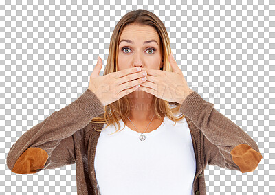 Portrait, covering mouth and woman with surprise, gossip and secret isolated on a transparent background. Face, person and model with reaction, shocked and wow with omg, png and reaction with news