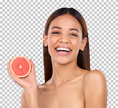 Skincare, beauty and woman with a grapefruit portrait in studio with a healthy and natural face. Happy, wellness and female model with dermatology facial treatment and fruit on blue background
