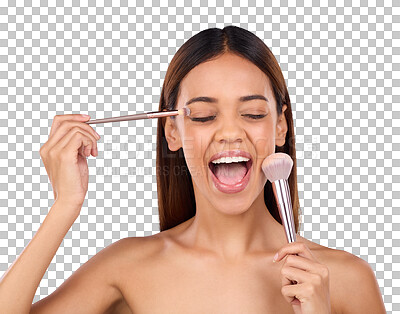 Beauty, woman and brush for makeup on face with cosmetics in studio. Aesthetic female model person on a blue background excited for self care, facial glow and application for powder and shine on skin