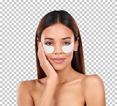 Skincare, eyes and portrait of woman with collagen eye mask for anti aging skin on blue background. Cosmetics, facial repair and face of happy beauty model with wrinkle treatment product in studio.