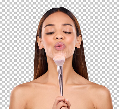 Beauty, makeup and brush with woman and blowing in studio for cosmetics, satisfaction and self care. Glow, foundation and blush with girl model on blue background for facial, powder and product