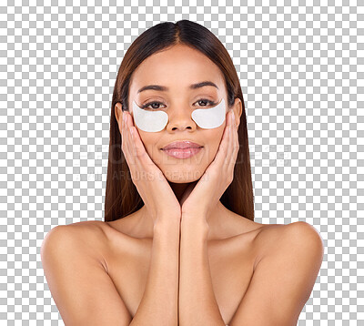 Beauty, collagen and portrait of woman with eye mask for anti aging skincare glow on blue background. Cosmetics, facial repair and face of hispanic model with wrinkle treatment product in studio.
