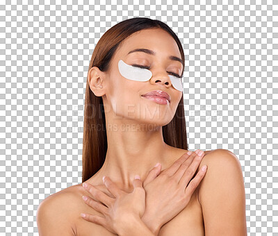 Skincare, collagen mask and woman with eyes closed for anti aging beauty routine on blue background mockup. Cosmetics, facial detox and face of hispanic model with repair treatment product in studio.
