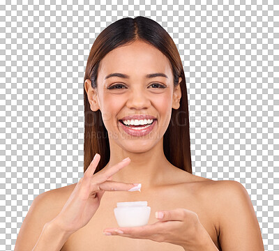 Woman, portrait and face with moisturizer creme for beauty skincare cosmetics, self love or care against a blue studio background. Happy female with lotion or moisturizing cream for soft perfect skin