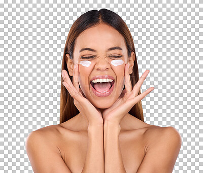 Dermatology, portrait of excited woman with cream on face and anti aging skin care on blue background. Cosmetics, facial and happy hispanic model, moisturizer solution or collagen product in studio.