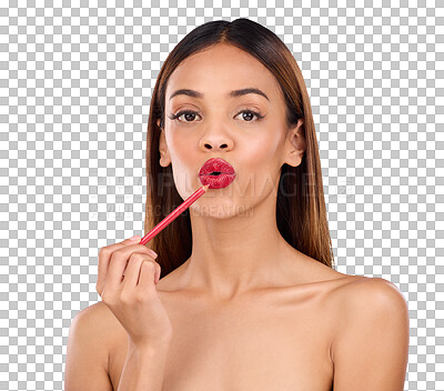 Woman, beauty and red lipliner or lipstick portrait for lips with cosmetics on face in studio. Aesthetic female model on blue background for self care, facial glow and pencil application for skin