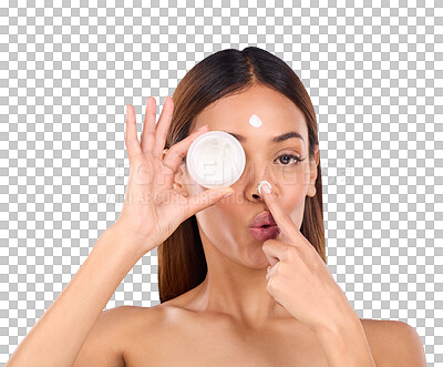 Woman, face and applying moisturizer cream for beauty skincare cosmetics, self love or care against a blue studio background. Portrait of female with lotion or moisturizing creme for facial treatment