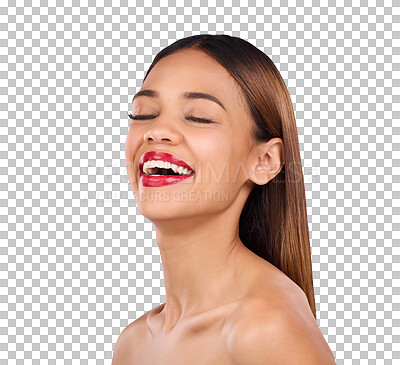 Beauty, woman and red lipstick makeup while laughing with cosmetics on face in studio. Happy aesthetic female model person on a blue background for self care, facial glow and shine or color for skin