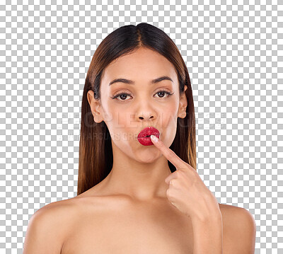 Beauty, woman and red lipstick makeup portrait with cosmetics on face in studio. Aesthetic female model with finger on lips on a blue background for self care, facial glow and shine or color for skin