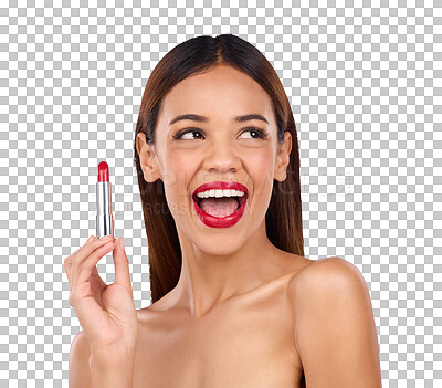 Beauty, red lipstick and makeup of woman thinking about skincare or cosmetics promotion in studio. Excited female model on a blue background for self care, facial glow and skin with product color