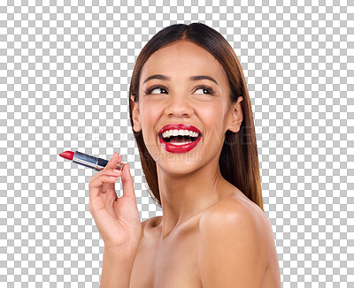 Beauty, red lipstick or makeup with woman thinking about face cosmetics in studio. Aesthetic female model on a blue background think and laugh about product color application idea for lips and skin