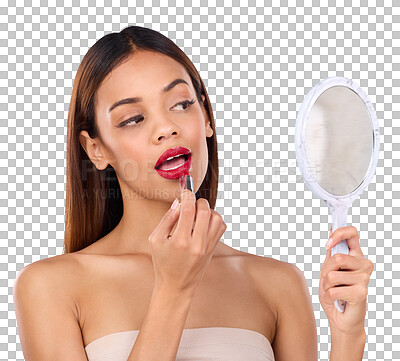 Beauty, woman and red lipstick or makeup with mirror in hand for face cosmetic product in studio. Aesthetic female model on a blue background with color application on lips for shine and self care