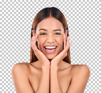 Skincare, beauty and cosmetics, portrait of happy woman with smile for anti aging or skin glow promo on blue background. Makeup, facial massage and face of model with dermatology promotion in studio.