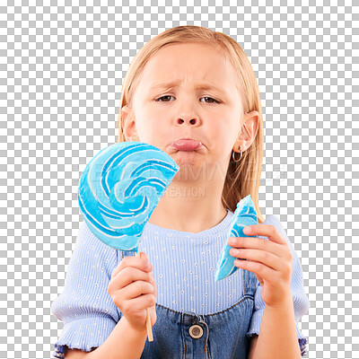 Portrait, children and sad girl with a broken lollipop on an orange background in studio looking upset. Kids, candy and unhappy with a female child holding a cracked piece of a sugar snack in regret