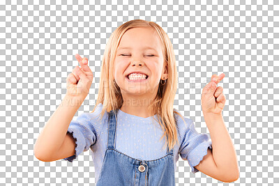 Child, fingers crossed and wish or hope in studio for luck, prayer or faith. Face of excited young girl kid on a orange background for hand gesture, icon or sign for dream, optimistic or superstition