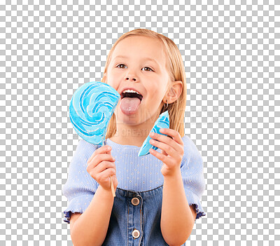 Child, eating lollipop or candy in studio for sweet tooth, color spiral or sugar for energy. Face of happy girl kid on orange background for snack, treat or thinking of dessert or unhealthy food
