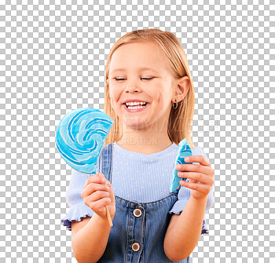 Lollipop, candy and a child laughing in studio for sweet tooth, color spiral or sugar for energy. Face of happy girl kid on orange background for funny snack or thinking of dessert or unhealthy food