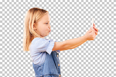 Phone, selfie or profile of kid in studio with confidence or mockup space in photograph memory. Post, orange background or young girl child taking picture online on a social media app on internet