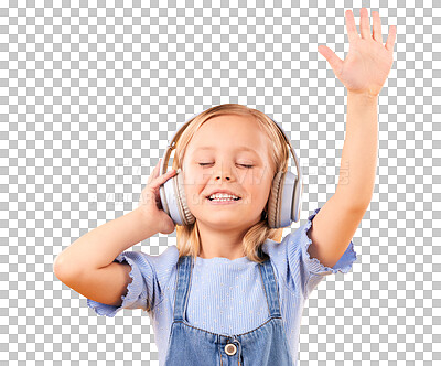 Headphones, happy or child streaming music to relax with freedom in studio on orange background. Hand up, singing or girl singer listening to a radio song, sound or gospel on an online subscription