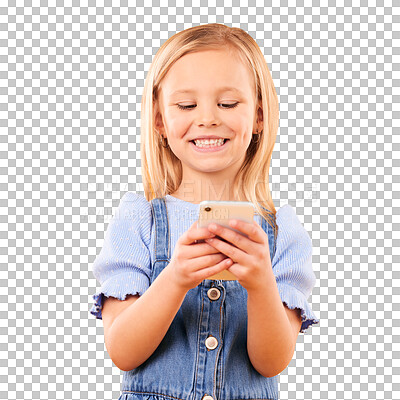 Child, smile and typing with phone in studio for social media, play mobile games and download app on orange background. Happy girl kid, smartphone and reading notification, watch multimedia and chat