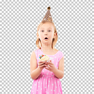Portrait, surprise and kid with cupcake at birthday in studio isolated on a pink background mockup space. Face, wow of child and cake at party in hat at celebration, food event and shocked at dessert